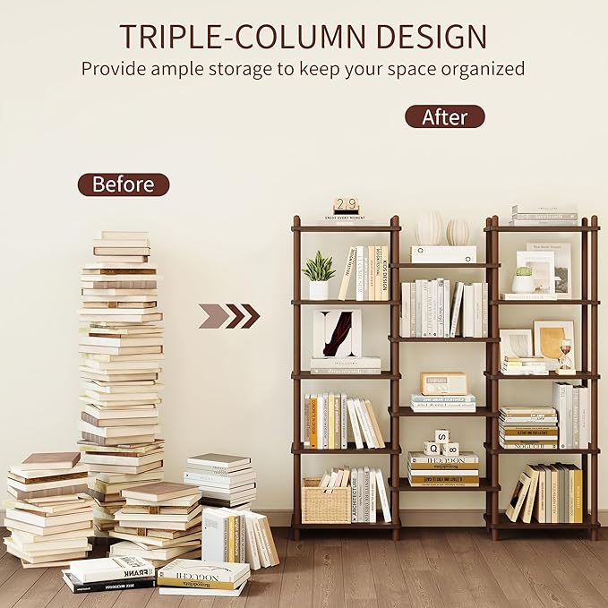 IOTXY Wooden Triple Wide Bookshelf - 5-Tier Large Shelf Bookcase with Solid Beech Frame, Tall Freestanding Open Etagere Display Rack for Home Office, Walnut