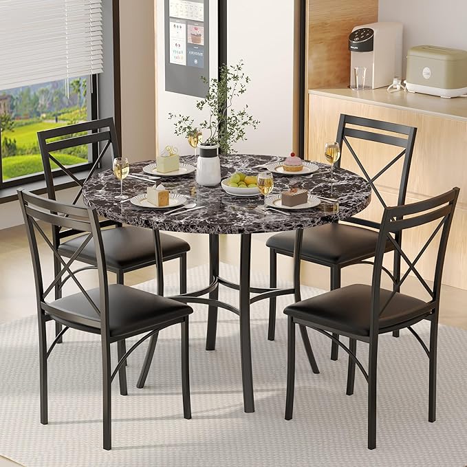 VECELO 5 Piece Dining Table Set for 4, Faux Marble Dinette with Chairs for Kitchen, Breakfast Nook, Small Space, Dark Black