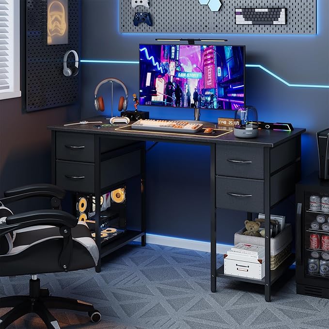 Computer Desk with 4 Drawers, 47 Inch Office Desk with Storage, Gaming Desk with CPU Shelves, Writing Desk Work Desk for Home Office, Study, Bedroom, Work from Home, Black