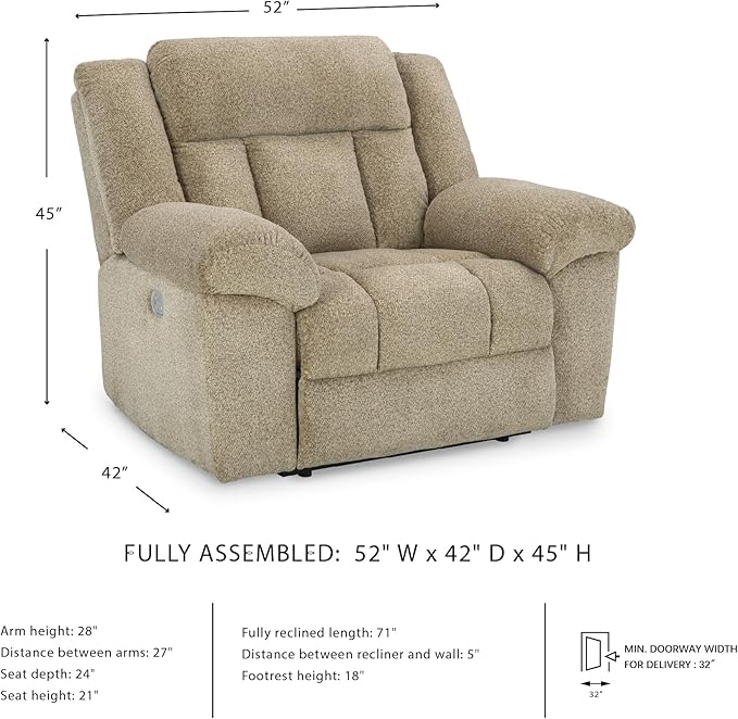 Signature Design by Ashley Tip-Off Classic Wall Hugger Power Recliner with Adjustable Headrest and USB Ports, Light Brown