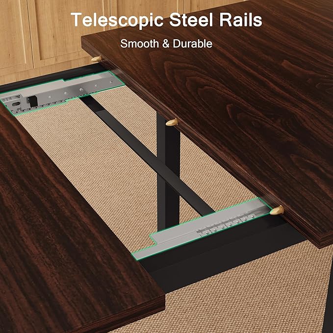 7-Piece Dining Table Set, 63" Extendable Kitchen Room Table with 6 Stools, Mid Century Modern Dinner Table with Metal Frame & MDF Board, Space-Saving, Easy Assembly, Espresso
