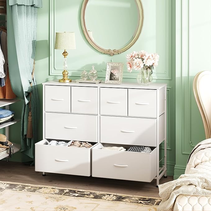 WLIVE Dresser for Bedroom with 8 Drawers, Wide Fabric Dresser for Storage and Organization, Bedroom Dressers, Chest of Drawers for Living Room, Closet, Hallway, White