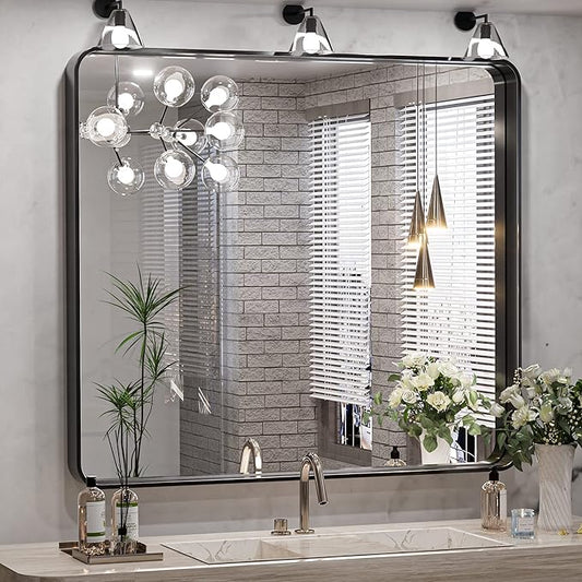 TokeShimi 36 x 36 Inch Wall Mirror Black Bathroom Vanity Mirror with Metal Frame Aluminum Alloy Soft Rounded Corner for Modern Farmhouse Wall Decor 1”Deep Set Design (Horizontal/Vertical)
