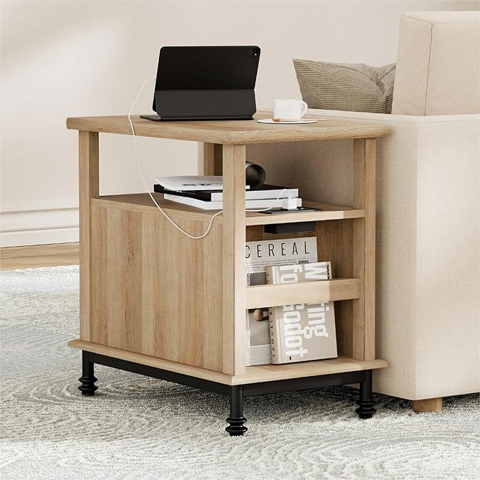 WAMPAT Set of 2 End Tables with Charging Station, Sofa Side Tables with Storage Cabinet for Living Room, Light Wood Bedside Table with Metal Leg, Nightstand for Bedroom, Oak