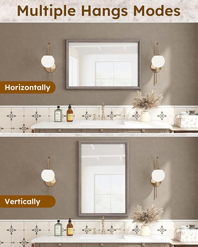 Axeman 24x36 Wood Wall Mirror, Rustic Bathroom Mirror, Vintage Wall Mounted Mirror Tempered Glass with Beaded Wooden Frame for Farmhouse Living Room Vanity Bedroom Entryway, Grey