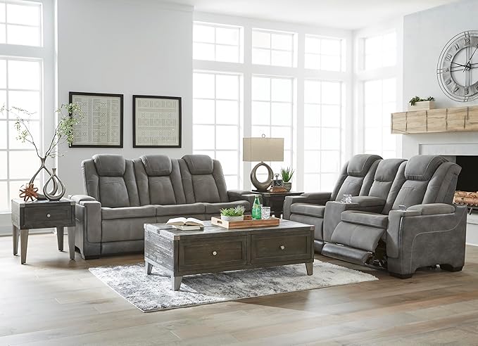 Signature Design by Ashley Next-Gen DuraPella Modern Faux Leather Power Reclining Loveseat with Console & Adjustable Headrest, Gray