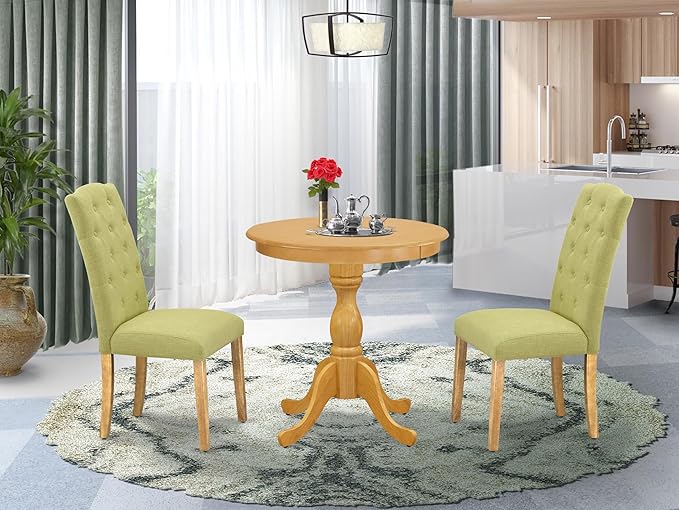 East West Furniture ESCE3-OAK-07 3 Piece Dinette Set for Small Spaces Contains a Round Dining Table with Pedestal and 2 Limelight Linen Fabric Upholstered Chairs, 30x30 Inch, Oak