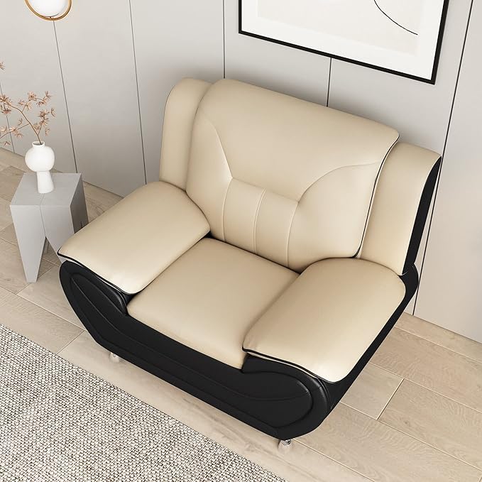 Container Furniture Direct Michael Modern Faux Leather Upholstered Stainless Steel Legs Living Room, Chair, Camel/Black