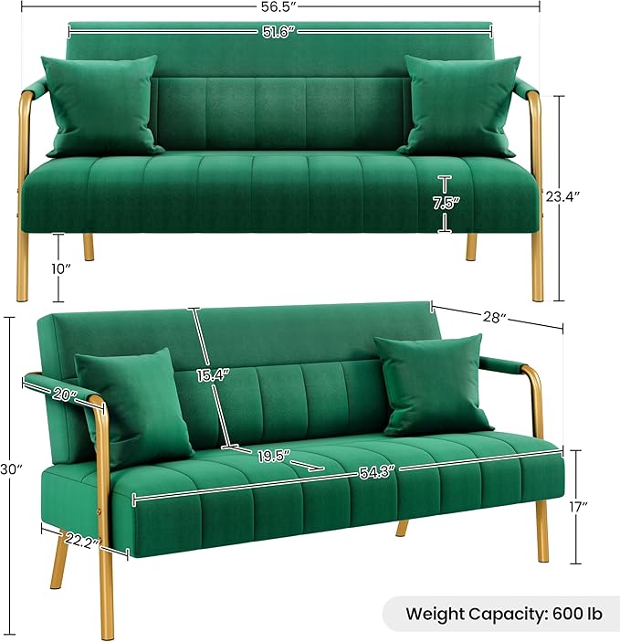 Yaheetech 56.5" W Modern Sofa Small Sofa Luxurious Velvet Fabric Couch with Gold-Tone Metal Arms and Legs for Living Room, Home Office, Studio Green