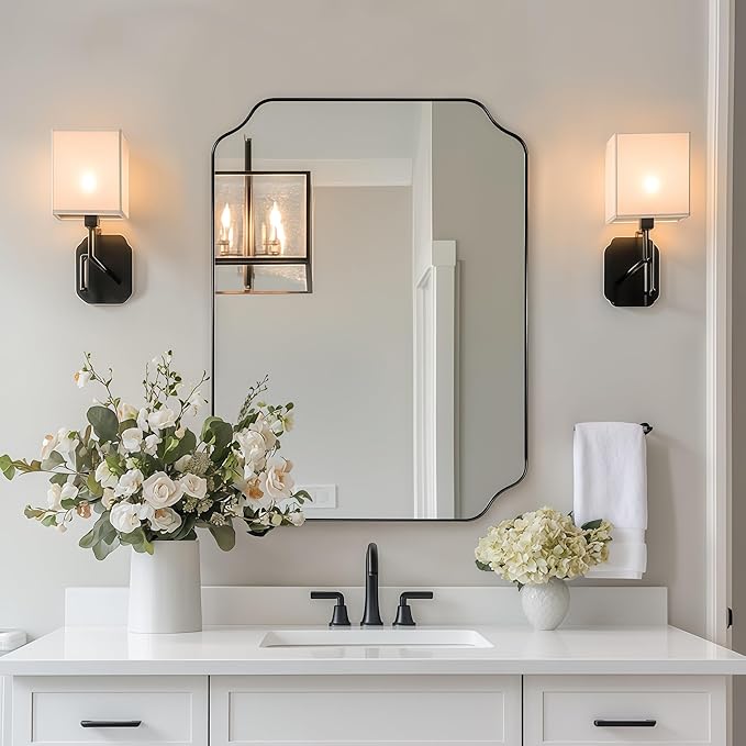 Scalloped Mirror, 24"x32" Black Mirror for Bathroom, Matte Black Mirror with Anti-Rust Metal Frame, Asymmetrical Mirrors with Wavy Edge for Powder Room, Living Room, Foyer, Master Room