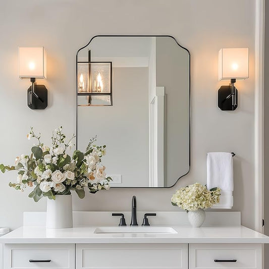 Scalloped Mirror, 24"x32" Black Mirror for Bathroom, Matte Black Mirror with Anti-Rust Metal Frame, Asymmetrical Mirrors with Wavy Edge for Powder Room, Living Room, Foyer, Master Room