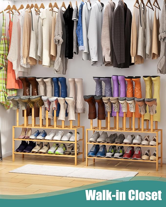 Boot Rack with Shoe Rack, Long Boot Rack Organizer Tall Boots for Closet, Bamboo Wood Shoe Shelf Storage Organizer for Entryway Small Space