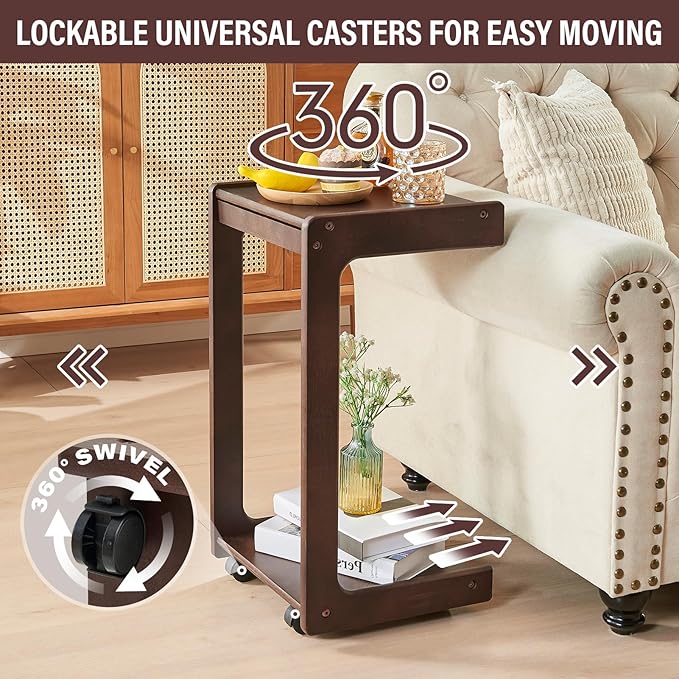 CozyDH C Shaped Solid Wood End Table, Rolling Side Table TV Sofa Tray Table for Eating,Multi-Purpose C Couch Arm Table, Small Coffee Table with Wheels Living Room Bedroom, Walnut