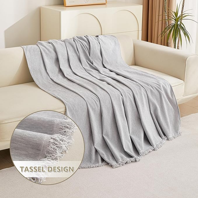 MYSKY HOME Light Gery Chenille Sofa Cover for Dogs Cats Tassel Edge Couch Cover Furniture Protectors for Pets Universal Couch Cover Thick Durable Sectional Couch Covers for 3 Cushion Couch, 91"x 134"