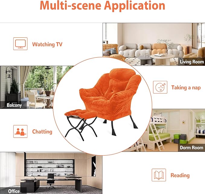Lazy Chair with Folding Ottoman, Accent Chair Plush Upholstered with Metal Structure and Non-Slip Pads, Sofa Armchair with Footrest and Side Storage Bag for Dorm, Room, Office, Orange
