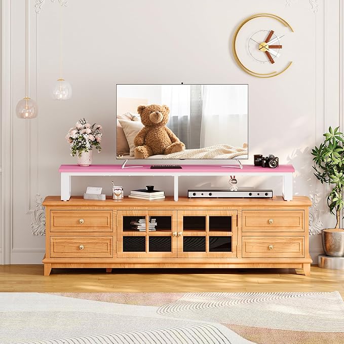 Clikuutory 59" Large TV Riser for 32-75 inch TVs, Tabletop Stand with Steel Legs, Storage & Dual - Screen Office Desk Function, Ideal for Home Office, Bedroom, Living Room, Pink