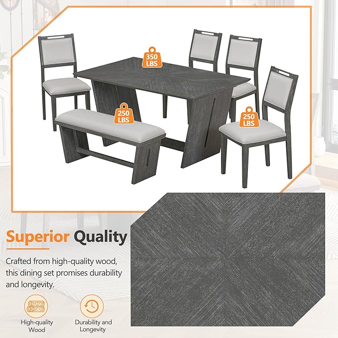 Merax 6-Piece Retro Dining Set, 1 Rectangular Table with Stable Trapezoidal Table Base and 4 Upholstered Chairs and 1 Bench for Dining Room and Kitchen, Antique Gray