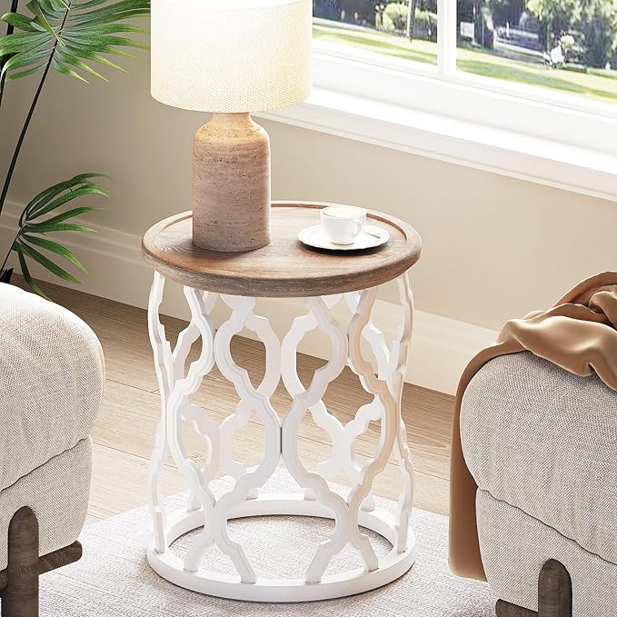 Farmhouse End Table, 18.5'' French Country Round Side Table, Distressed Tray Top Wood Side Table with Curved Motif Frame Base for Boho, End Tables Living Room, Bedroom, Small Space, Easy Assembly