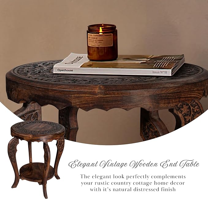 The Wooden Town Farmhouse Round Accent End Table,Rustic Side Table Nightstands for Living Room Bedroom,Coffee Tables,Wood Tray Top,Handcrafted Finish, 18"x22" - Burnt