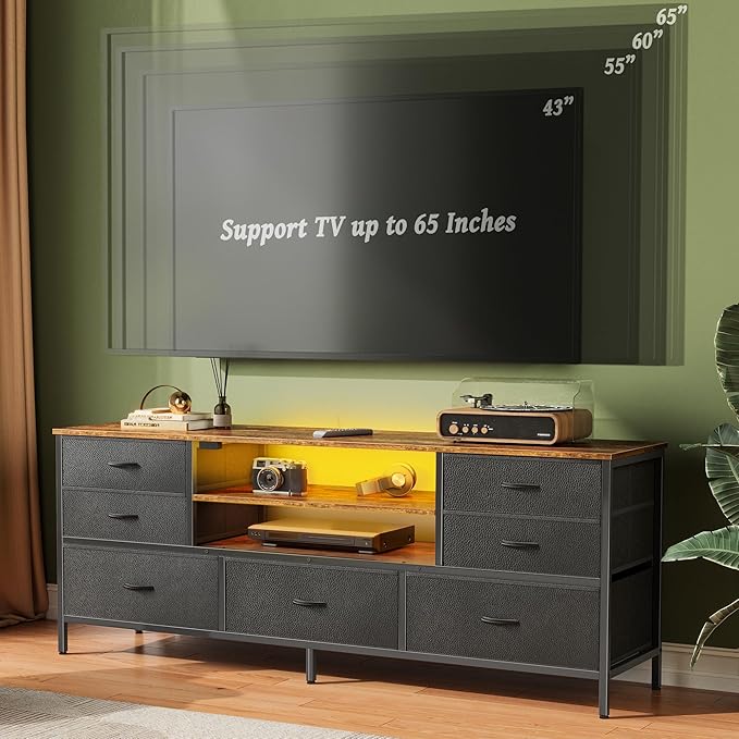Huuger TV Stand Dresser with Power Outlets and LED Lights, 7 Drawers Entertainment Center for 60 Inch TV, TV Console with Open Shelf, 55 Inches Wide Fabric Dresser, PU Leather, Rustic Brown and Black