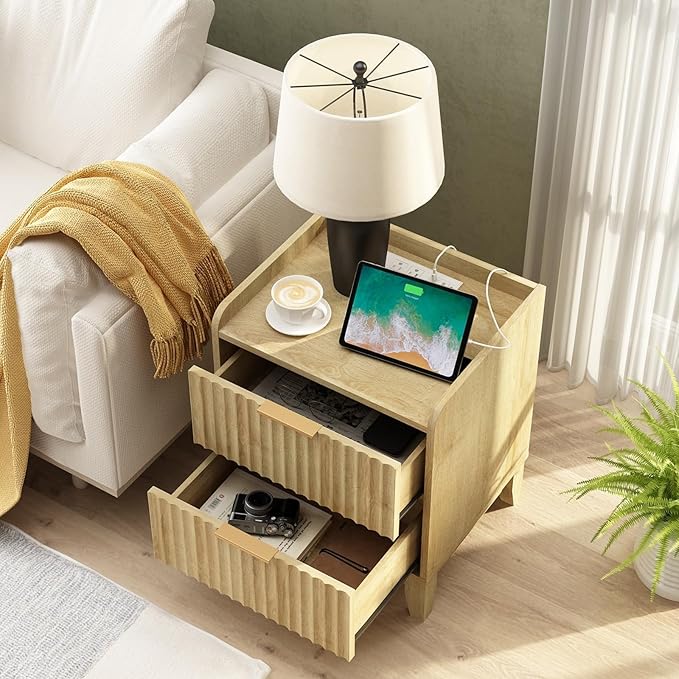 Wnutrees Fluted Nightstand with Charging Station, Modern Bedside Table with 2 Drawers, Farmhouse Wooden End Side Table for Living Room, 2Pack, Natural