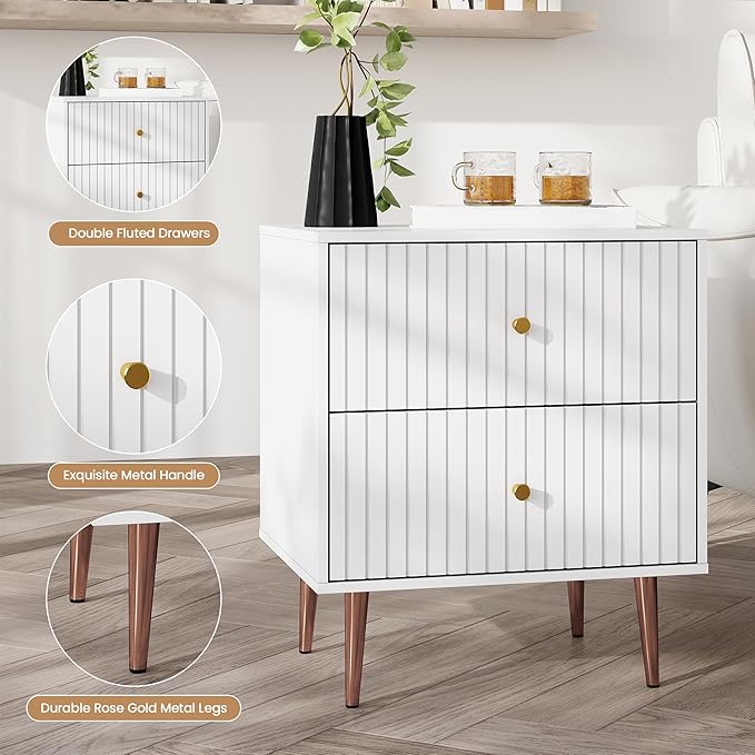 White Night Stand Set 2,Modern Bedside Table with 2 Drawers Storage,Fluted Nightstand and Wood End Side Table with Rose Gold Metal Legs and Handles for Bedroom,White