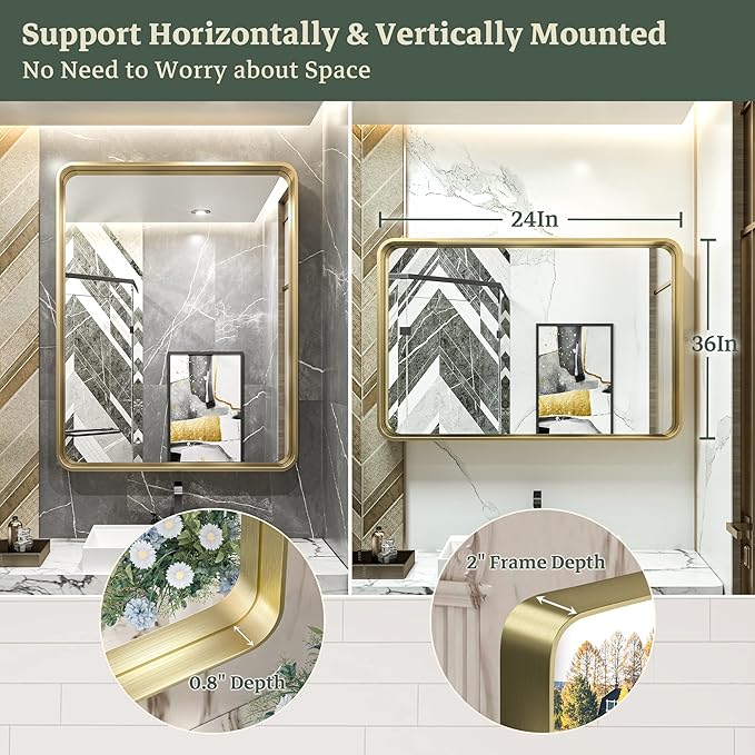 TokeShimi Gold Bathroom Mirror for Wall 24 x 36 Inch Metal Rounded Corner Rectangle Mirror Wall Mirror Metal Frame Deep Set Design Hangs Horizontal Or Vertical Rustic Mirror