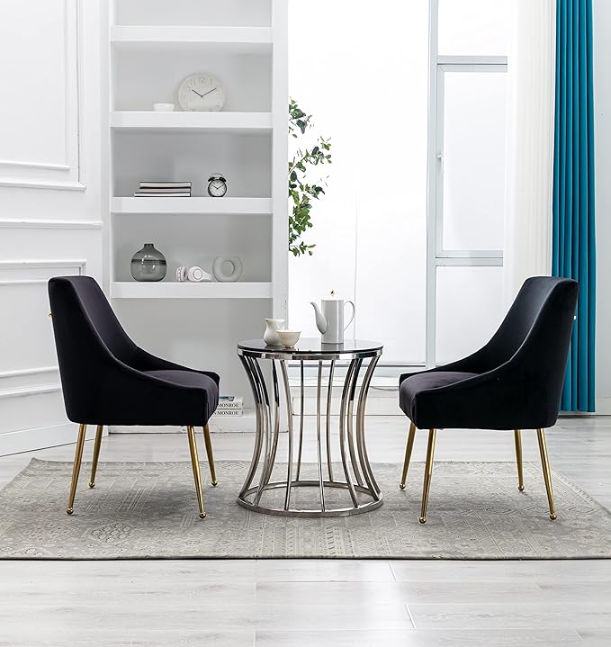Velvet Dining Chairs Set of 2, Furniture Collection Modern Contemporary Upholstered with Polished Gold Metal Legs(Black)