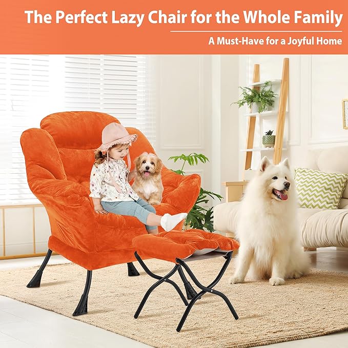 Lazy Chair with Folding Ottoman, Accent Chair Plush Upholstered with Metal Structure and Non-Slip Pads, Sofa Armchair with Footrest and Side Storage Bag for Dorm, Room, Office, Orange