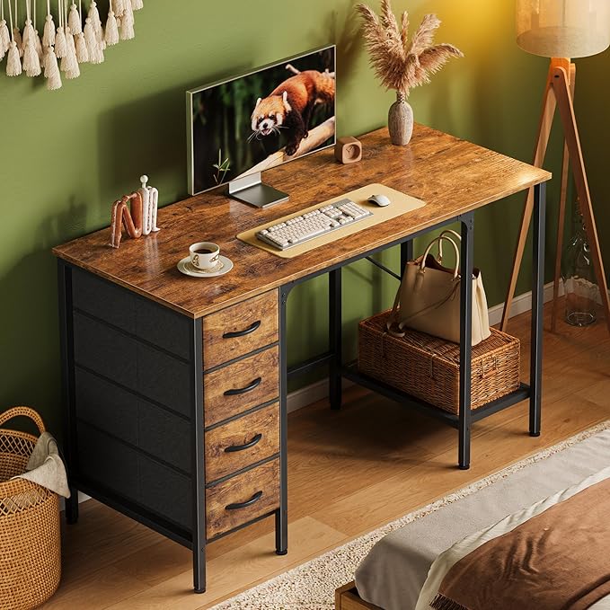 Huuger 47 Inch Computer Desk with 4 Drawers, Office Desk with Mesh Shelf, Gaming Desk, Large Storage, Writing Work Desk for Home Office, Study, Bedroom, Work from Home, Rustic Brown