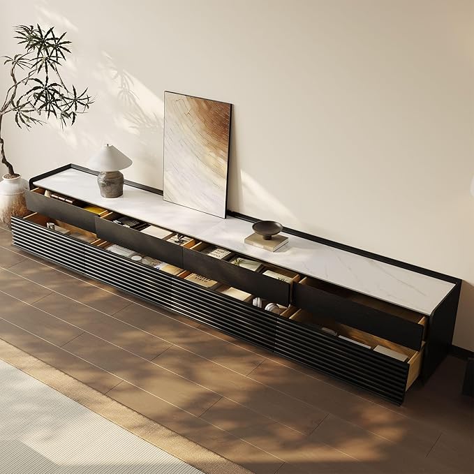 POVISON Fully-Assembled Mid Century Glossy Sintered Stone TV Stand, 118.11" Wood Media Console with Adjustable LED Light, Entertainment Center with Storage for Living Room(Black)