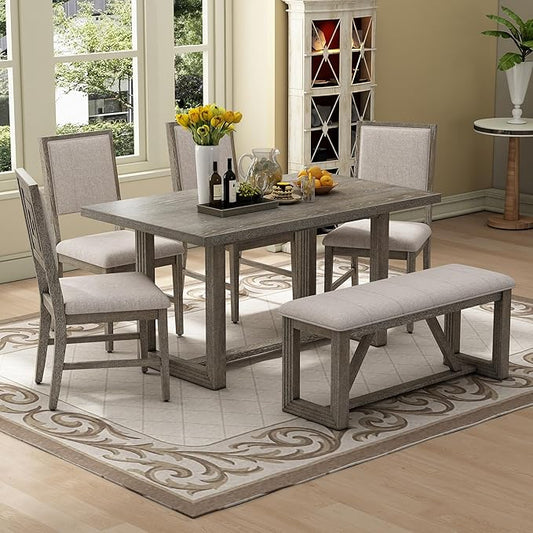 Ball & Cast 6-Piece Dining Table Set for 6 People, 60" Wood Dining Kitchen Table & Chairs Set, Dining Room Table with Upholstered Chairs and 1 Bench, Perfect for Dining Room, Kitchen, Gray