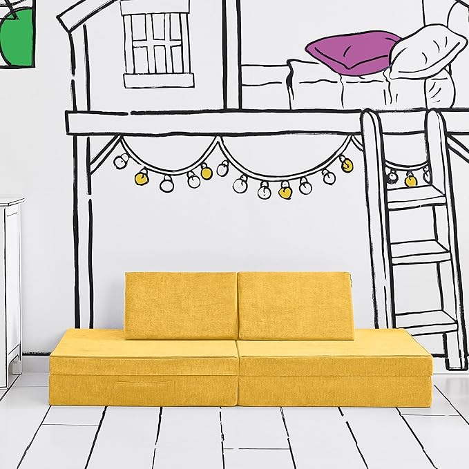 Yourigami Kids and Toddler Play Couch, Convertible Folding Sofa, Durable Foam Modular Design, Sunflower Yellow XL