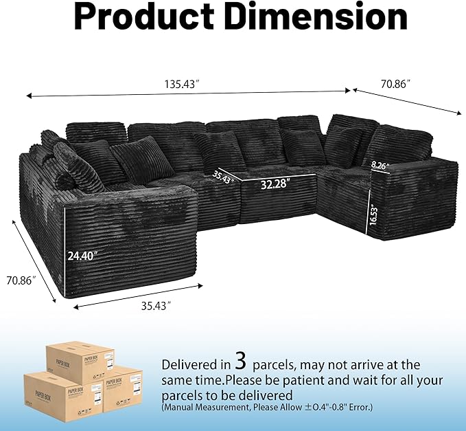 KEIKI 135" U Shape Sectional Sofa,6-Seater Modular Couch with Striped Corduroy Fabric for Living Room,Reversible Design