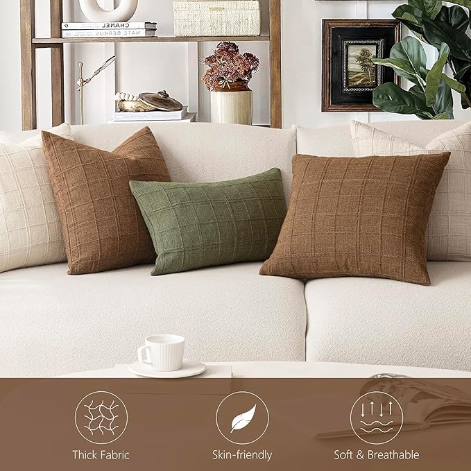 Foindtower Set of 2 Decorative Linen Check Throw Pillow Covers Neutral Farmhouse Vintage Cushion Covers Modern Boho Home Decor for Sofa Chair Couch Bedroom Living Room Outdoor,20×20 Inch,Brown Hazel