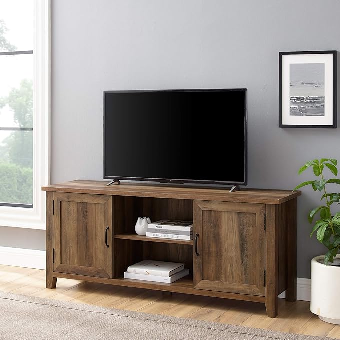 Walker Edison Buren Classic Grooved Door TV Stand for TVs up to 65 Inches, 58 x 16 x 24 inches, Rustic Oak