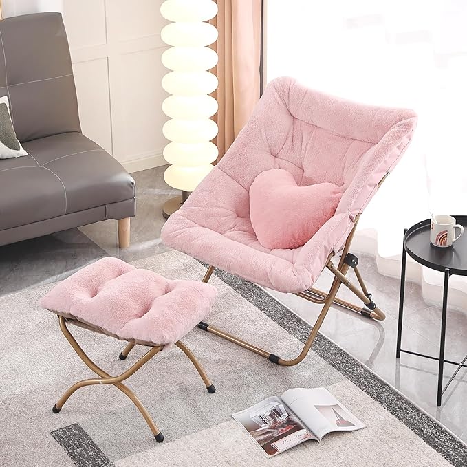Comfy Saucer Chair with Ottoman, Oversized Folding Faux Fur Chair Soft Furry Lounge Lazy Chair with Metal Frame Moon Chair Accent Chair for Bedroom, Living Room, Dorm Rooms