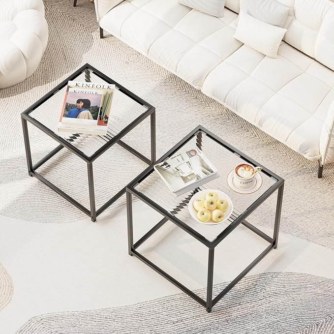 Garden 4 you Coffee Table Set of 2, Modern Patterned Glass Nesting Table, Metal Frame Square Center Table Set, Side Tables, Nesting Coffee Table for Living Room, Bedroom and Small Spaces, 19.7in Black