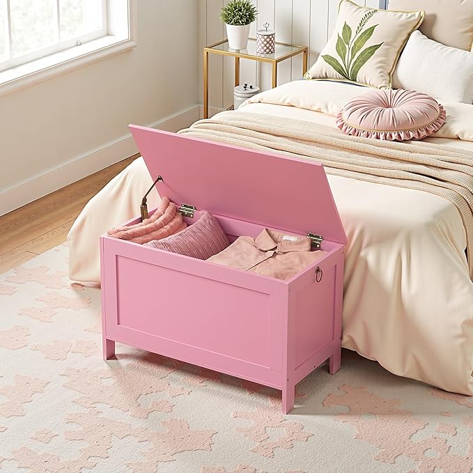 HOOBRO Toy Box, Retro Wooden Look Storage Chest with Safety Hinge, Entryway Storage Bench Supports 220 lb, 29.9 x 15.7 x 18.9 Inches Toy Chest Organizer, Easy Assembly (Pink) PK75CW01G1