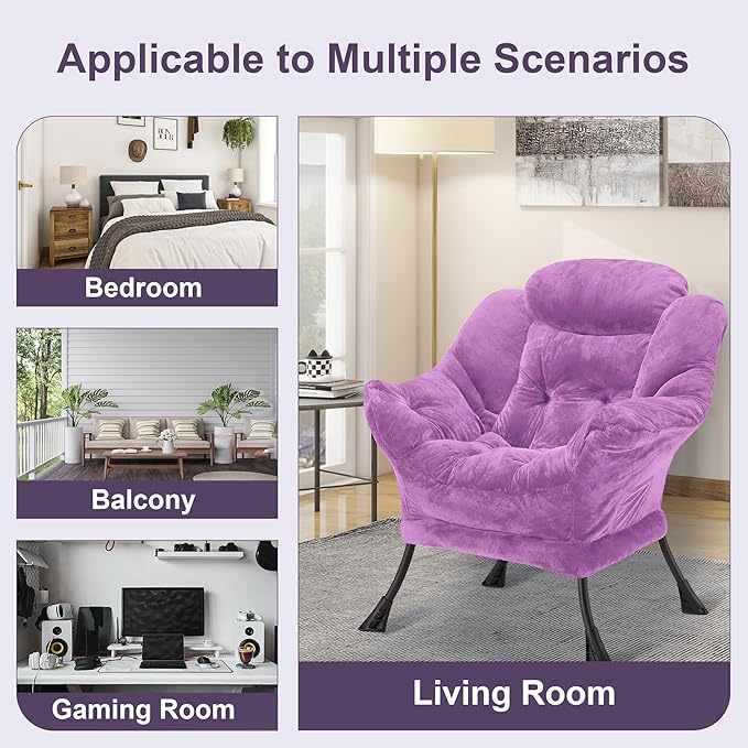 Fabric Lazy Chair for Adults, Oversized Upholstered Sofa Chair, Plush Comfy Lounge Chair with Large Side Storage Pocket, Thick Padded Reading Chair for Living Room, Bedroom, Office, Purple