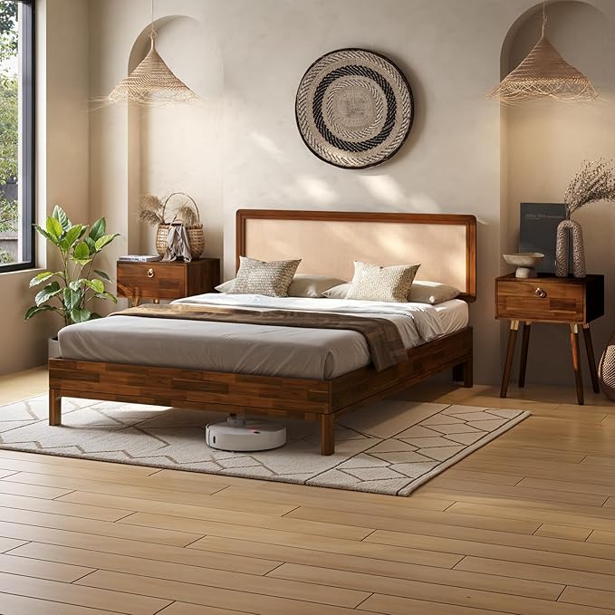 Nipe Platform Bed Frame with Headboard Size Queen - Dark Chocolate - Solid Acacia