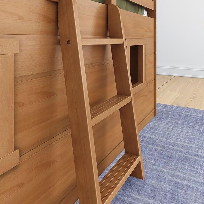 Max & Lily Modern Farmhouse Twin Low Loft Bed with Two Windows - Solid Wood, 15” Guardrails, 400-lb Capacity, Low-VOC Finish, Farmhouse Pecan