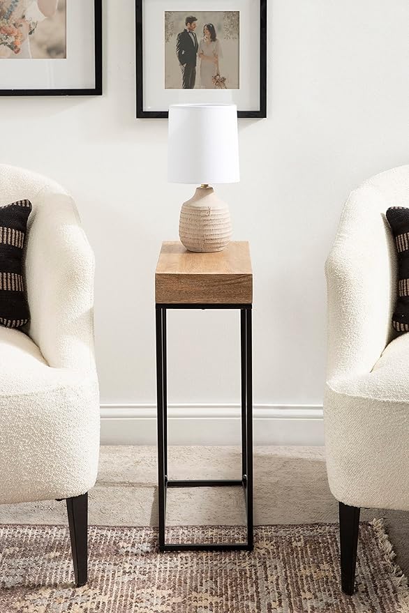Kate and Laurel Karlsen Wood and Metal Narrow Side Table; 16 x 24 x 8; Natural Brown and Black; Modern Transitional Slim Nightstand with Mixed Materials Design