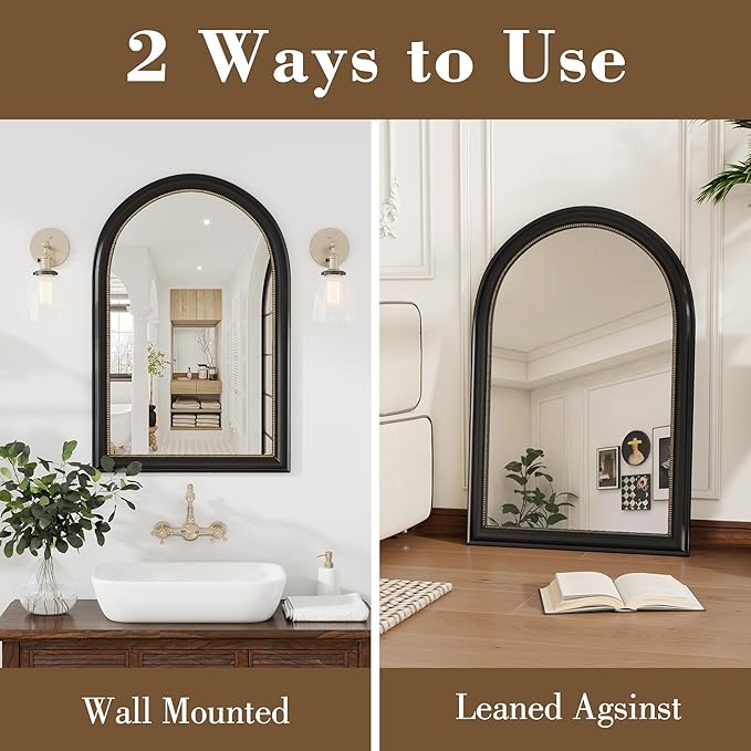 Axeman 22x30 Arched Wall Mirror, Decorative Bathroom Mirror, Traditional Vintage Wall Mounted Mirror with Beaded Frame for Accent Living Room Vanity Bedroom Entryway, Black