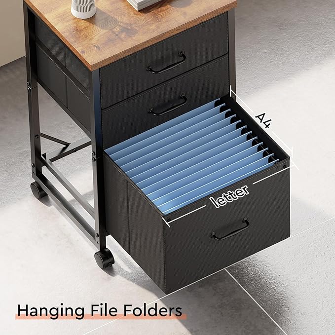 3 Drawer Mobile File Cabinet with Wheels Fabric Vertical Filing Cabinet fits A4 or Letter Size for Home Office,Rustic Brown