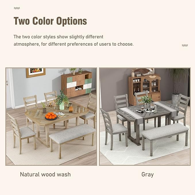 Merax 6-Piece Rubber Wood Dining Table Set with 4 Cushioned Chairs and Bench, Beautiful Wooden Grain Pattern Tabletop, Grey
