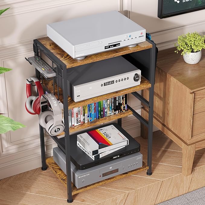 4-Tier AV Media Stand,Game Console Stand with 4 Hooks and Fabric Bags,DVD Shelf,Media Storage Cabinet,Audio Rack Record Player Stand Small Entertainment Center for Home Dorm, Apartment