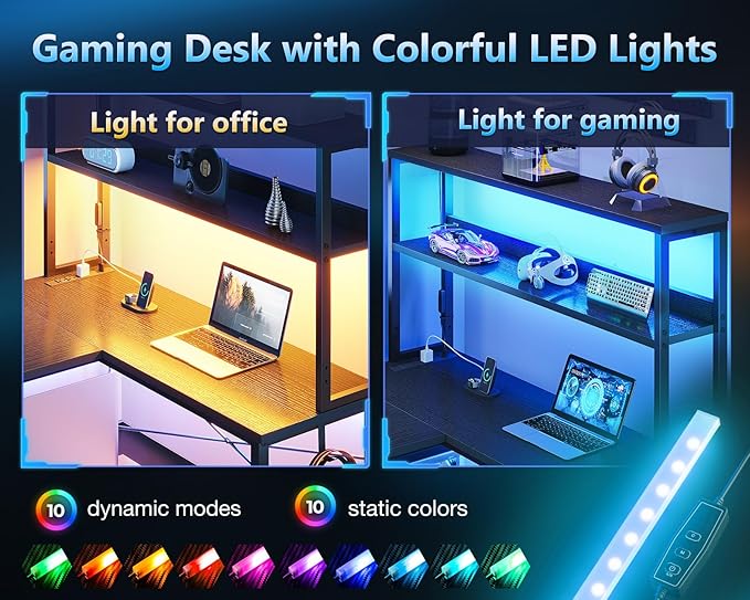 Casaottima Gaming Desk with Power Outlets & LED Lights, 43 Inch Reversible L Shaped Computer Desk with Shelves & Storage Bag, Corner Desk for Home Office, Black