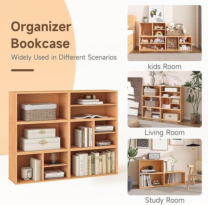 Sebastack 3 Cube Organizer Bookcase, Expandable Storage Shelves, Wooden Open Shelving Unit Book Shelf for Living Room, Office, Bedroom, Beech Color Wood Furniture (1 Set)