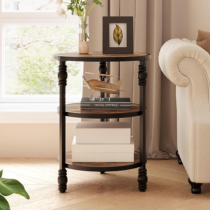 GarveeHome Round End Table with Storage Shelves, 3-Tier Round Farmhouse Side Table w/Mental Support Legs, Rustic End Table Accent Nighstands for Living Room Bedroom (B, Rustic Brown)